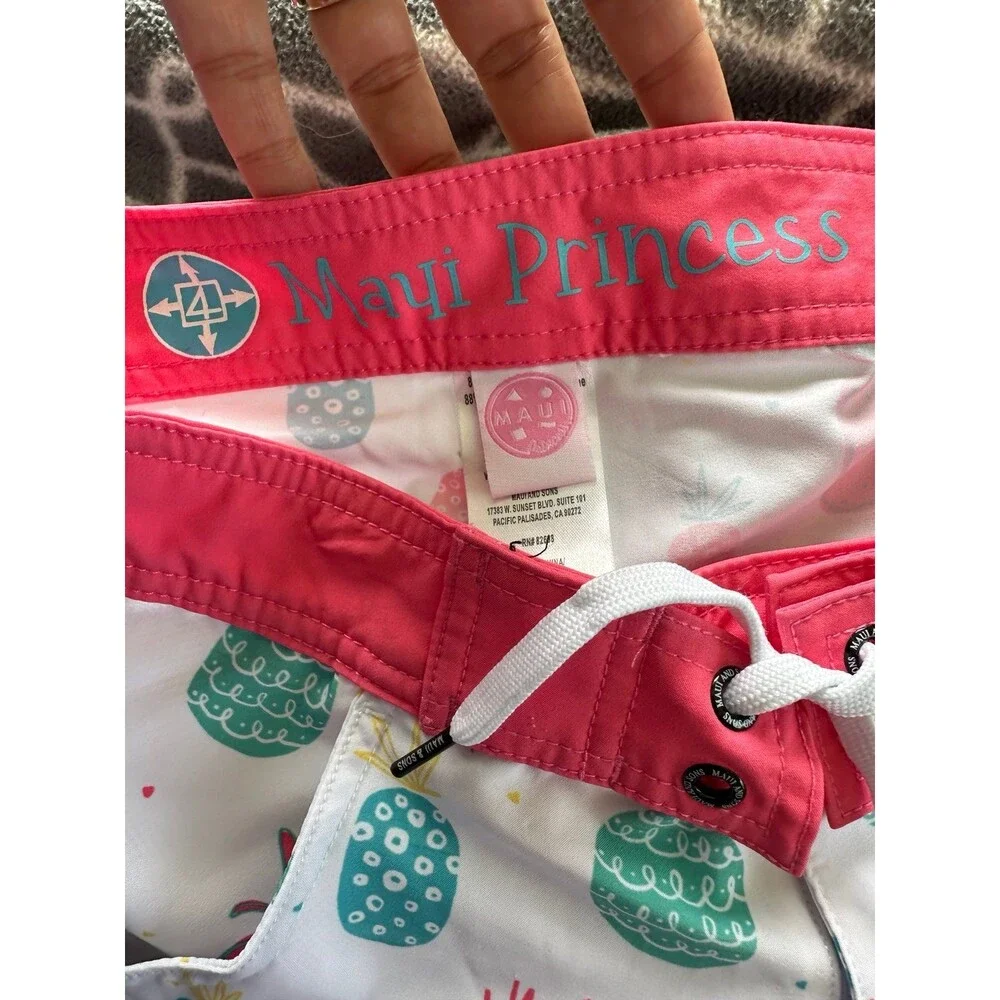 Maui & Sons Maui Princess Girls All Over Artsy Pineapple Hook Loop Swim Shorts 4